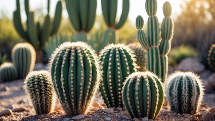 Various types of green cacti with spines illuminated by golden sunlight in a desert setting showcasing vibrant textures and soft shadows.