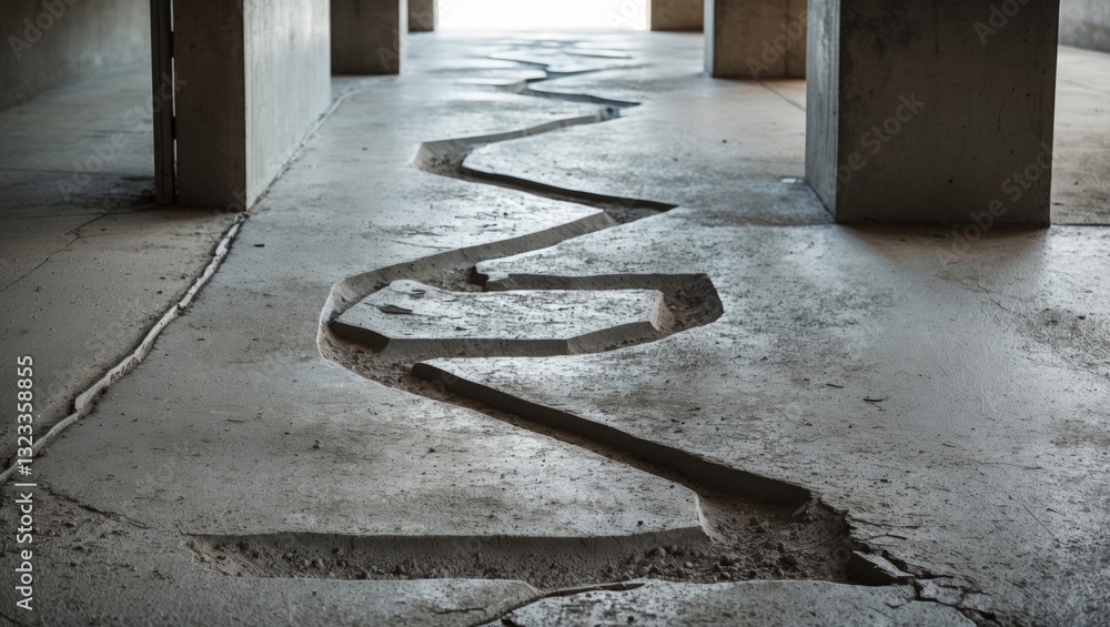 Fototapete cement walkway featuring a zigzag design on a rough surface inside a building with grey tones and pr
