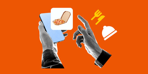 Conceptual digital composition. Hands engaging with smartphone displaying pizza, surrounded by food...
