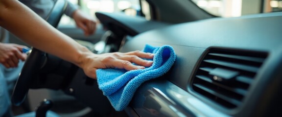 A hand gently wipes a sleek car dashboard with a vibrant blue microfiber cloth, capturing the essence of meticulous care and attention to detail. The soft light filtering through the car's interior