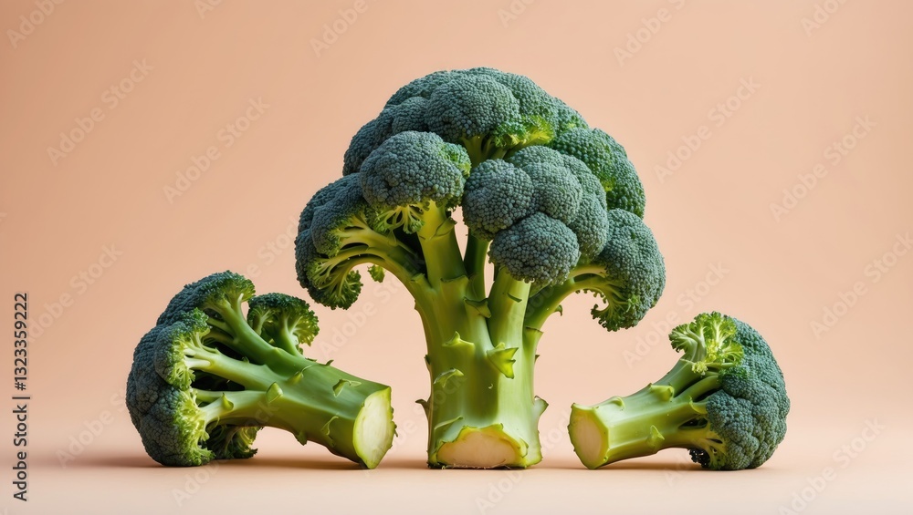 Aufkleber fresh green broccoli displayed prominently against a soft pastel peach background with vibrant flore