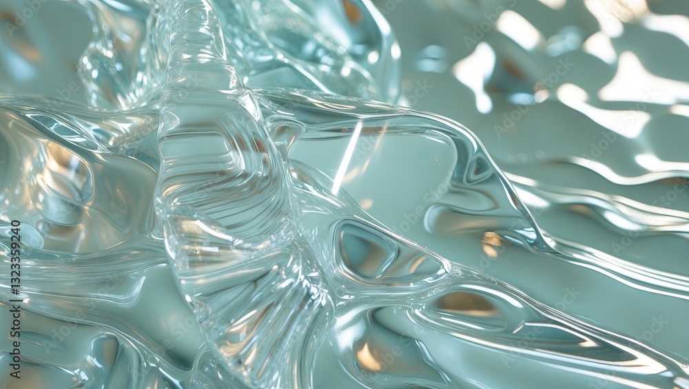 Poster translucent glass surface with refractive light reflecting on smooth waves positioned mid-frame agai