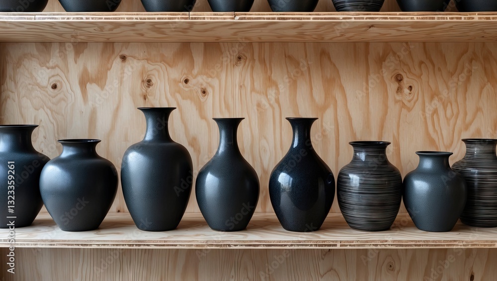 Poster elegant black vases of various shapes lined on a warm plywood shelf creating a minimalist aesthetic 