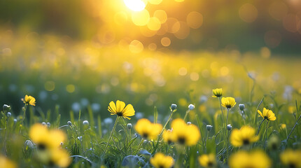 A beautiful field of wildflowers with dandelions and yellow blossoms under the bright summer sky