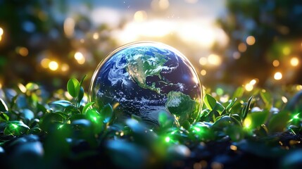A crystal globe rests on vibrant green leaves, illuminated by soft light, symbolizing environmental awareness and the beauty of our planet.