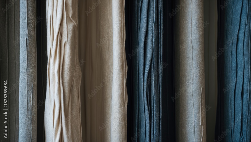 Fototapete vertical folds of dense fabric curtains in shades of beige and blue, creating an abstract backdrop w