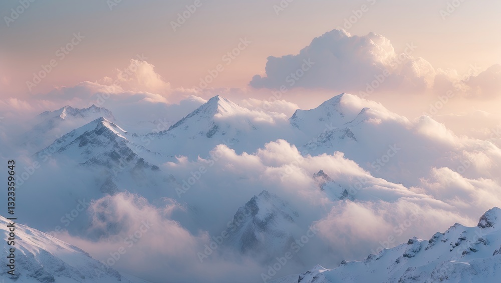 Poster majestic snowy mountain peaks partially enveloped in soft clouds against a serene pastel sky with hu