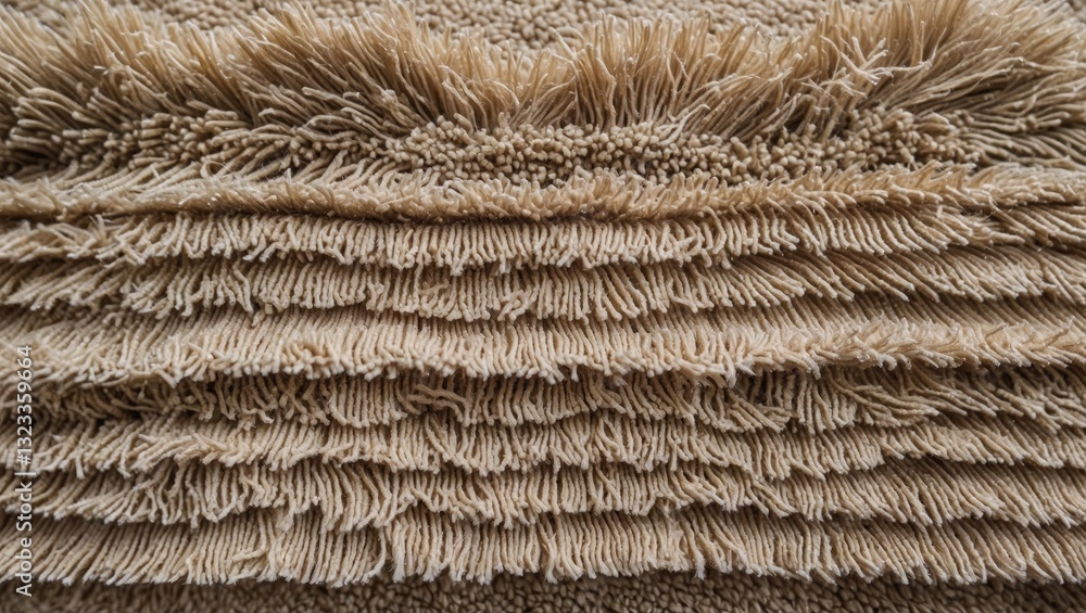 Poster beige shaggy carpet texture with layered fringes displaying warm neutral tones in closeup, emphasizi