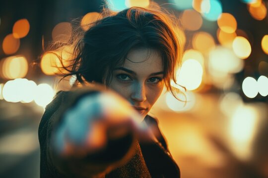 A woman pointing at the camera with a blurred background