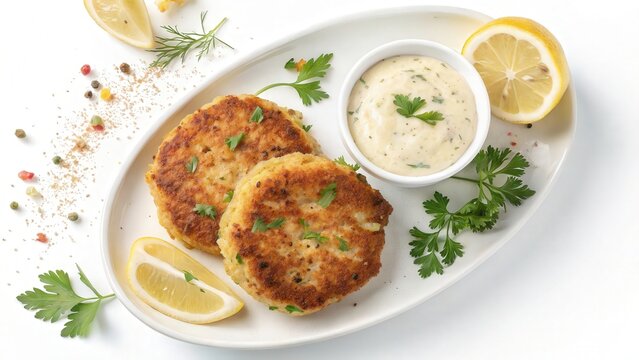 Crab Cakes with Remoulade Sauce
Two golden-brown crab cakes are served with a side of creamy remoulade sauce. The dish is garnished with a lemon wedge and a sprinkle of parsley. 