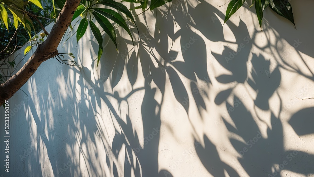 Leinwandbilder Shadows of green leaves on a soft beige wall creating a tranquil ambiance with dappled light and nature-inspired patterns in a serene garden setting.