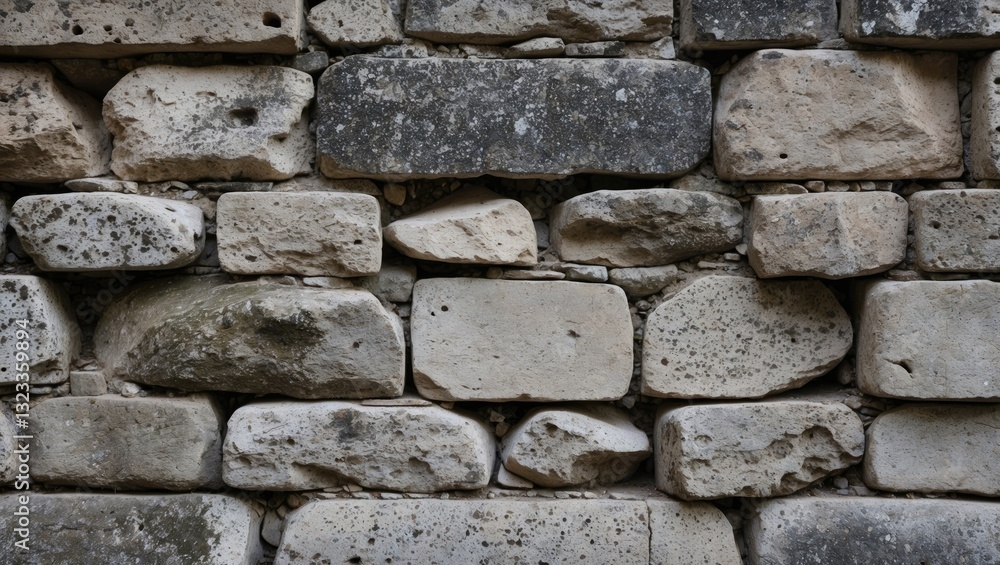 Poster close-up of an aged stone wall featuring various gray and beige stones with rough textures, arranged