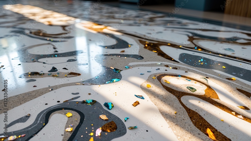 Poster abstract terrazzo flooring with beige and gray swirls, embedded colorful chips reflecting light, cre