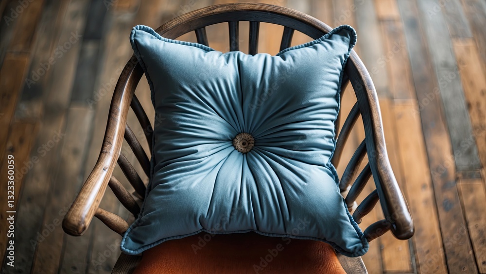 Poster Blue tufted cushion placed at the center of a rustic wooden chair viewed from above with blurred background highlighting the textures.