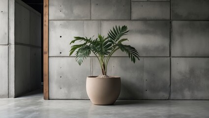 Contemporary photography studio with concrete walls and flooring, featuring a large potted plant with green leaves positioned centrally.