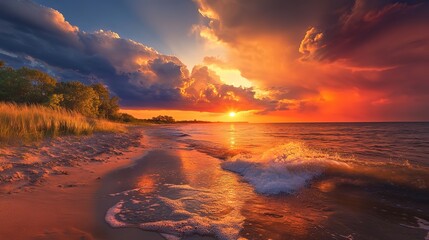 bright sunset light at ocean shore, twilight 