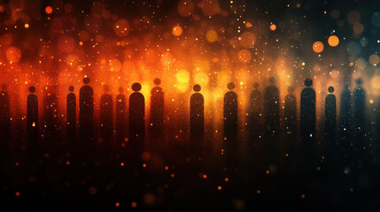 Fototapeta premium Crowd silhouettes, fiery backdrop