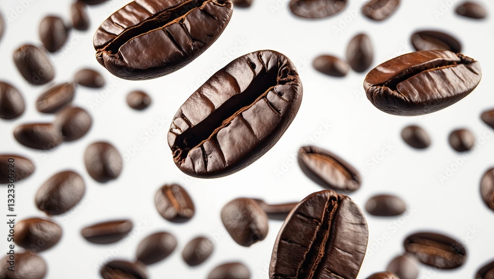Poster Coffee beans in various sizes floating against a light background with a focus on textured dark brown beans at center and scattered smaller ones around.