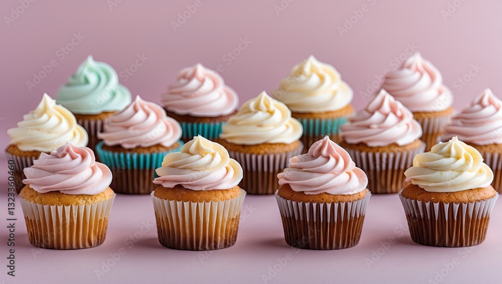 Poster colorful assortment of twelve cupcakes with swirled pastel frosting on a soft pink background showca