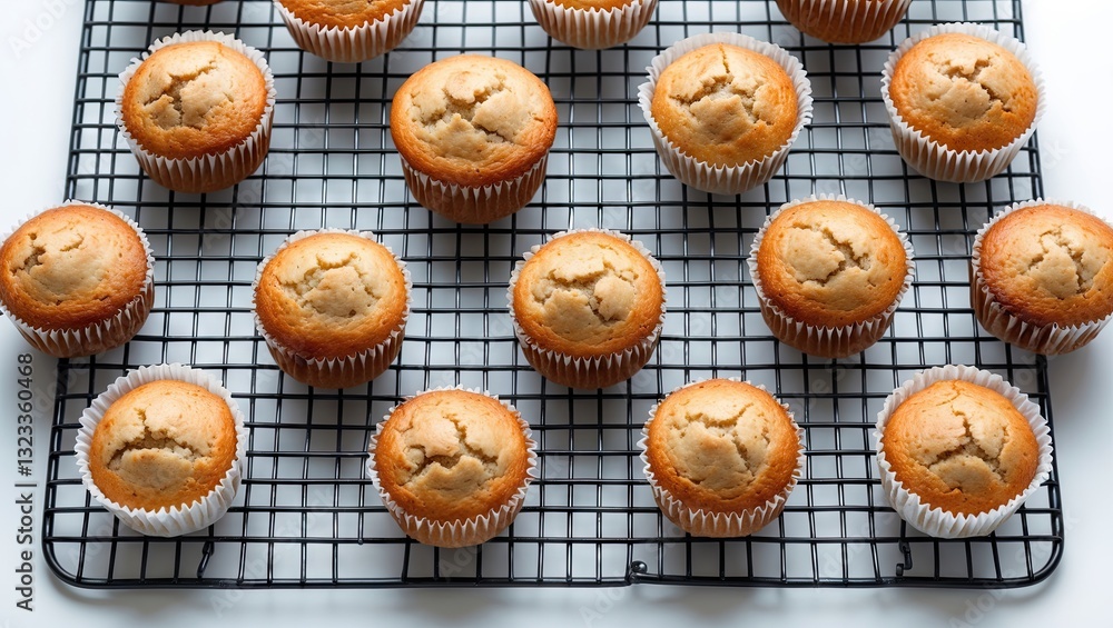 Poster Cooling rack filled with golden muffins arranged in a grid pattern on a white background with ample copyspace for text or graphics.