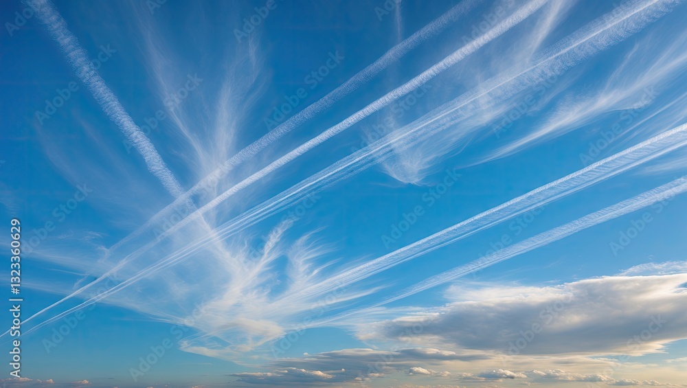 Aufkleber Blue sky with wispy white clouds and prominent contrails forming intricate patterns in the atmosphere, creating a serene and dynamic landscape.