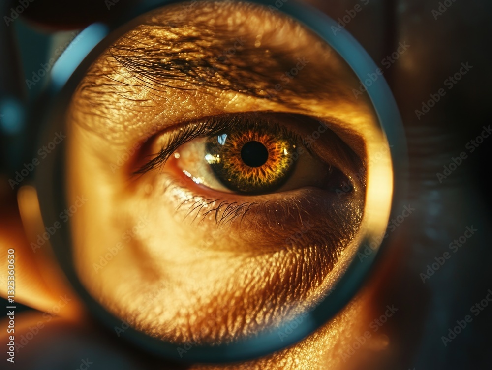 Poster a person examines something closely with the help of a magnifying glass, suitable for science or det