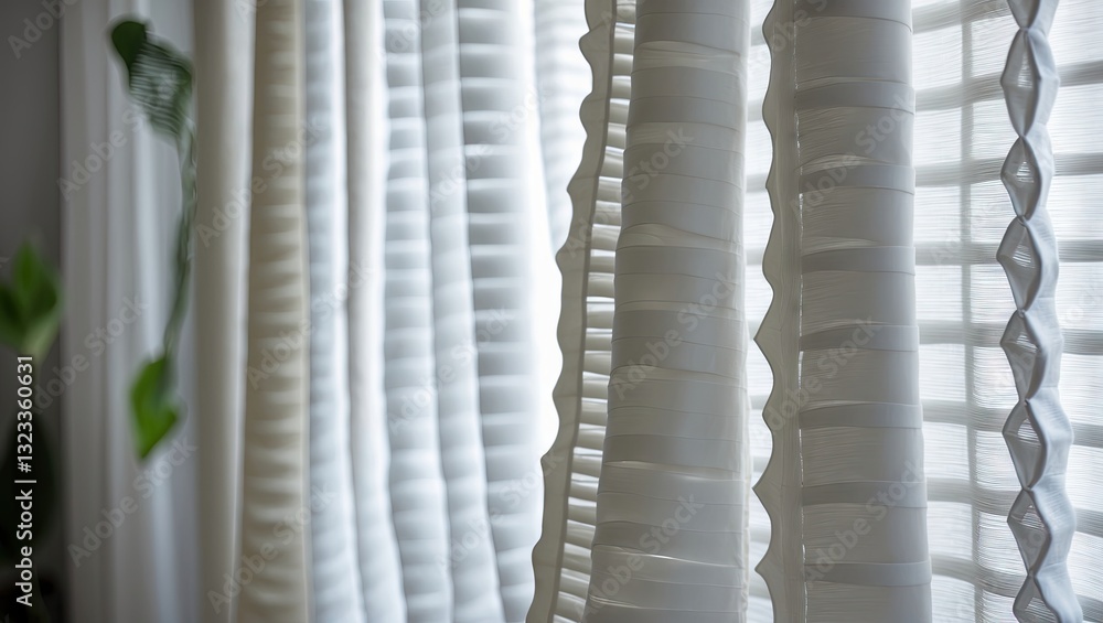 Poster close-up of textured white sheer curtains with soft folds against a blurred background of light and 
