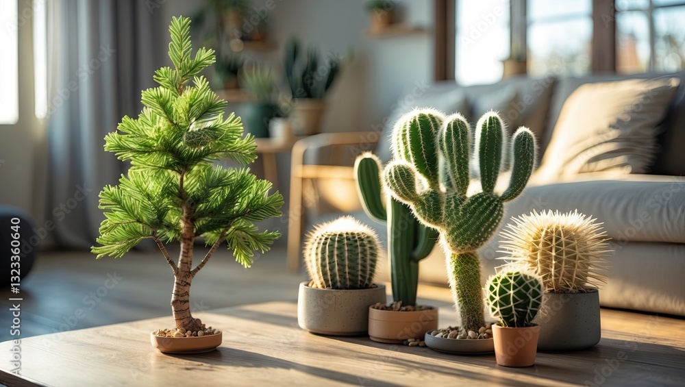 Aufkleber close-up of a small green tree and various cacti in elegant pots on a wooden table in a bright livin
