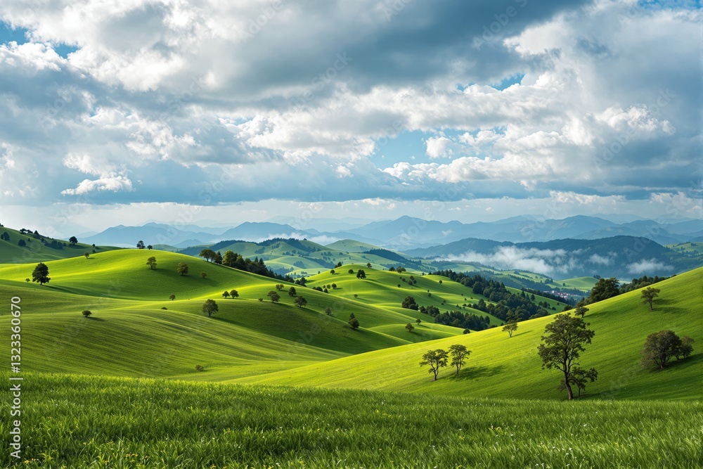 Poster lush green rolling hills with scattered trees under a partly cloudy sky, creating a serene and pictu