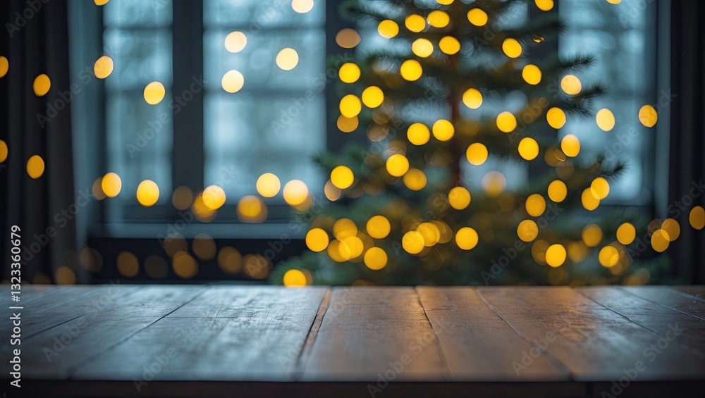 Poster cozy interior with a wooden table in the foreground and a softly lit christmas tree in the backgroun
