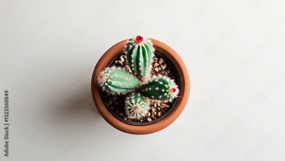 Poster green cactus trio in a clay pot viewed from above on a minimalist white background with red flower a
