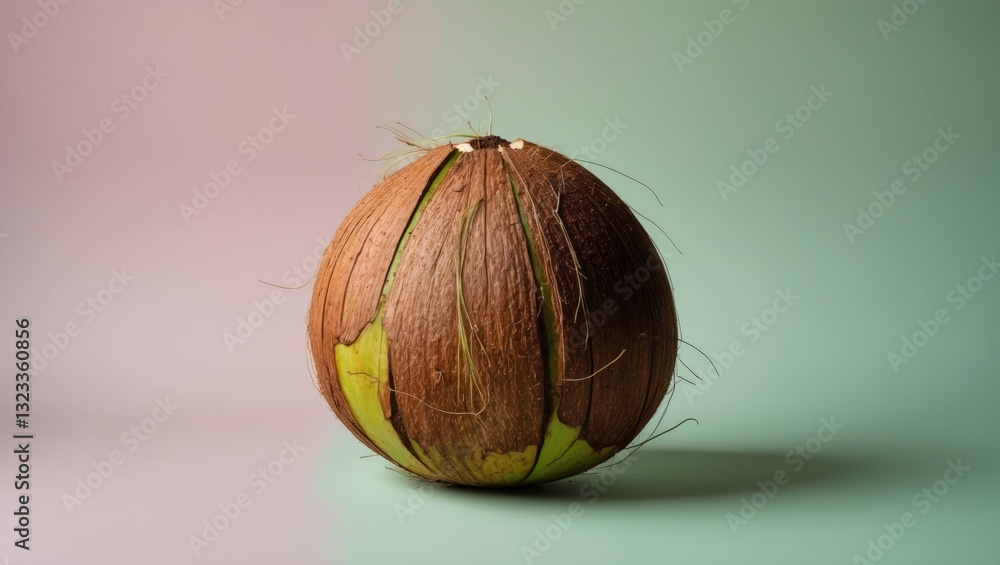 Poster isolated coconut showcasing a textured brown shell with green accents on a soft pastel green and lig