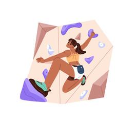 Girl does extreme sport on climbing wall. Climber is bouldering in gym. Alpinist is training on artificial mountain. Woman is mountaineering on rock indoors. Flat isolated vector illustration on white © Paper Trident