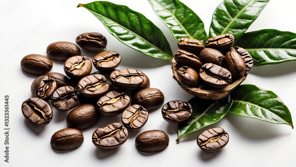 Poster close-up of numerous roasted coffee beans with vibrant green coffee leaves arranged artfully on a wh