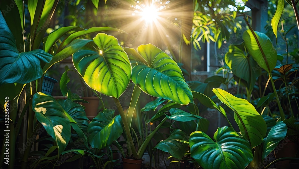 Poster sunlight streaming through lush green leaves in a vibrant garden, showcasing intricate textures and 