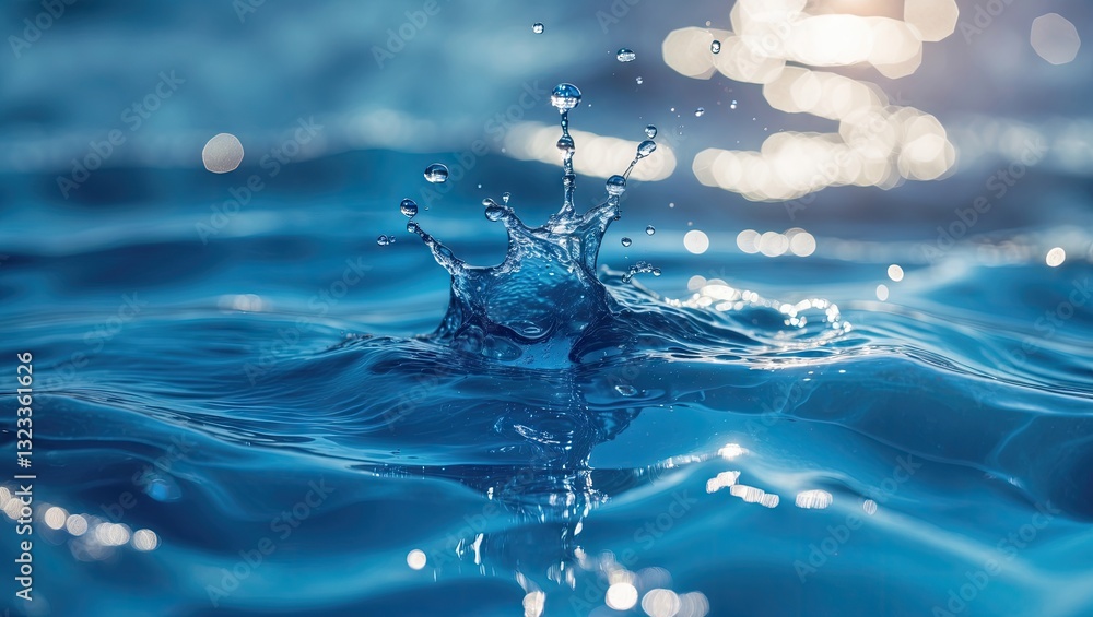 Poster Blue water splash creating ripples with glimmering highlights, showcasing dynamic movement and reflections in the serene aquatic environment.