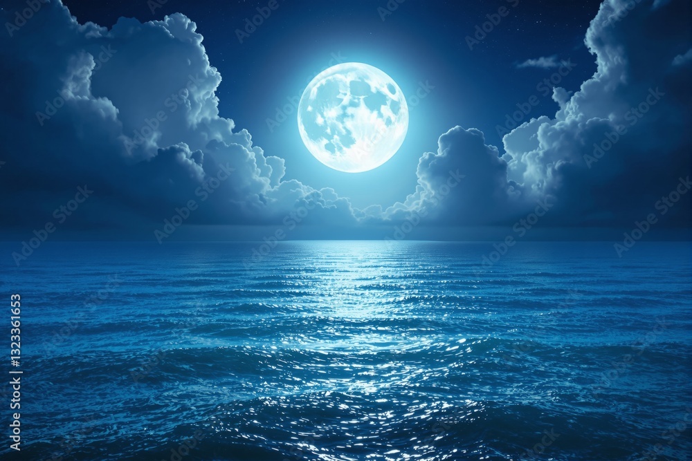 Poster bright full moon shining over calm ocean waves with clouds in the sky, creating a serene and peacefu