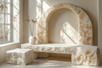  Minimalist arched display stand made of textured stone and white concrete, soft cream beige backdrop, illuminated by natural light with long shadows.