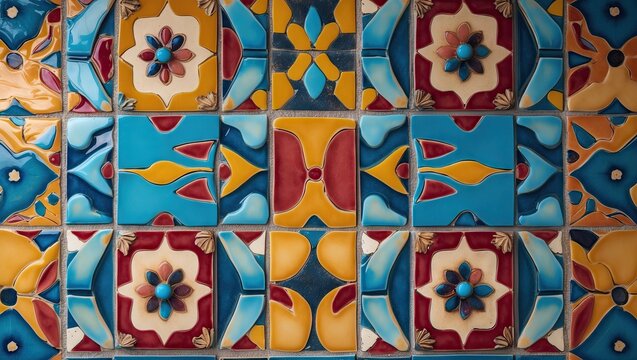 Vibrant ceramic tile design featuring intricate patterns in blue, yellow, red, and white arranged in a symmetrical layout for home interiors.