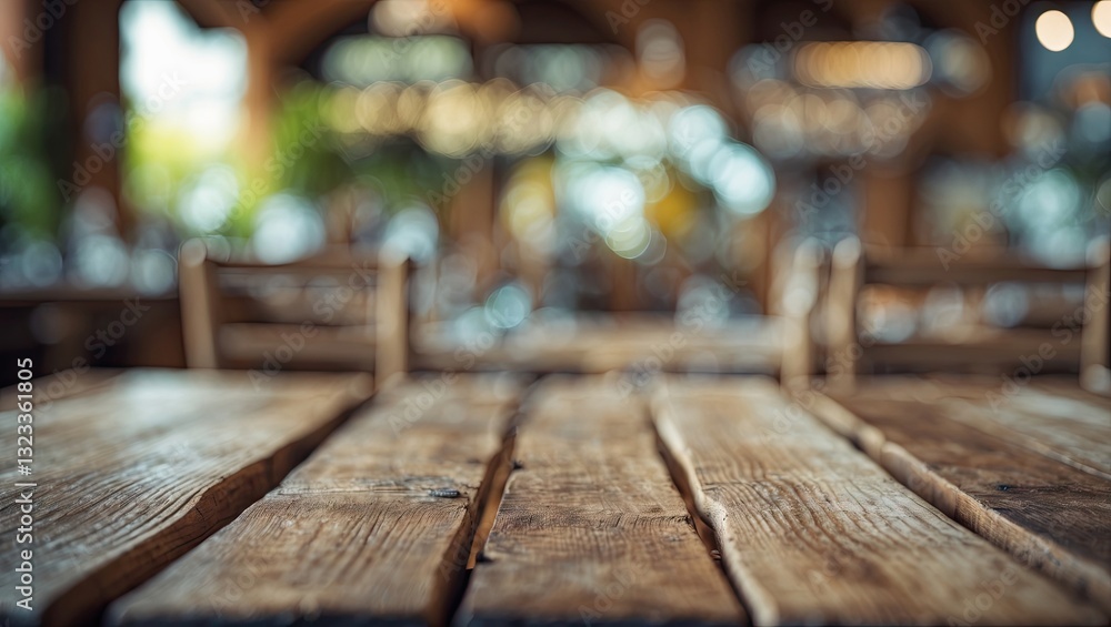 Aufkleber close-up of a rustic wooden table in warm brown tones, with a softly blurred green and beige backgro