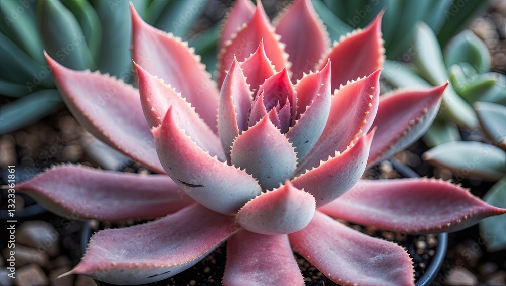 Poster vibrant pink blush aloe succulent with sharp edges centered over a dark soil in a black pot surround
