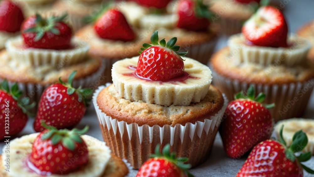 Aufkleber Close-up of vibrant strawberry banana muffins with sliced strawberries and banana on top, arranged in a circular pattern on a gray background.