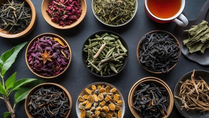 Fototapeta premium Flat lay arrangement of various dried teas in bowls, including green, black, and herbal teas, with a cup of tea and dark tabletop background.