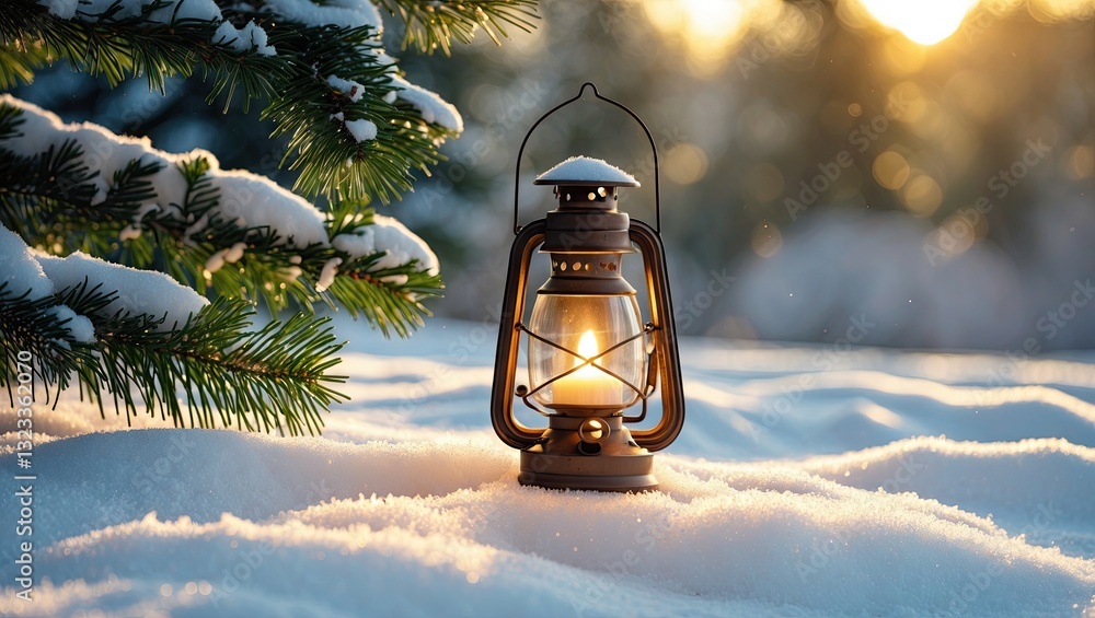 Poster warm glowing lantern illuminating fresh snow in foreground, nestled beside a green fir branch, with 