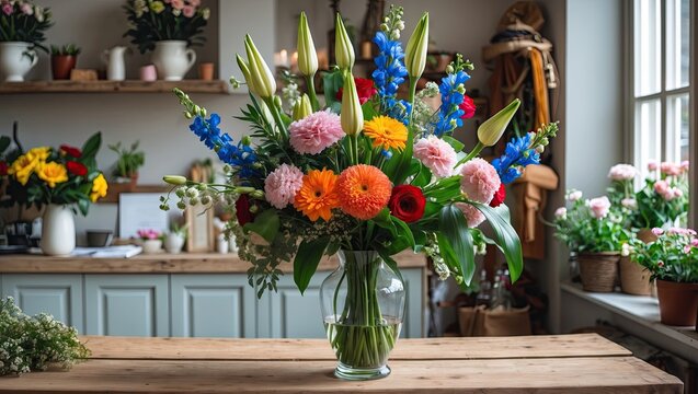 Vibrant floral arrangement in a glass vase featuring pink peonies, orange gerbera daisies, blue delphiniums, and green leaves on a rustic wooden table.