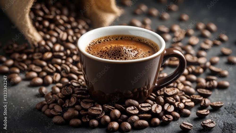 Poster coffee cup filled with dark coffee surrounded by scattered roasted coffee beans on a textured dark b