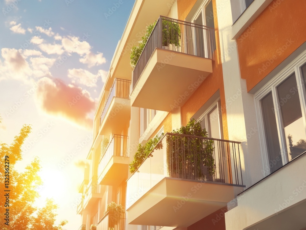 Poster A modern high-rise building with multiple levels of balconies, ideal for use in architectural or cityscape designs