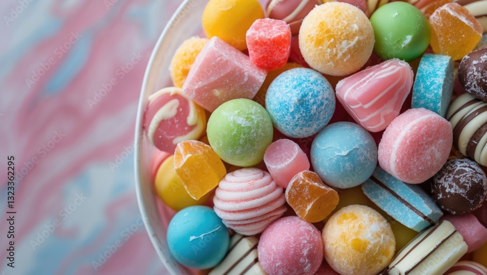 Poster colorful assorted sweets in vibrant pastel hues arranged on a circular plate against a soft pastel m
