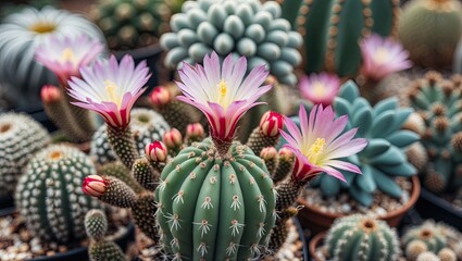 Obraz premium Colorful blooming cacti and succulents in spring with vibrant pink flowers and green textures arranged in a lush potted display.