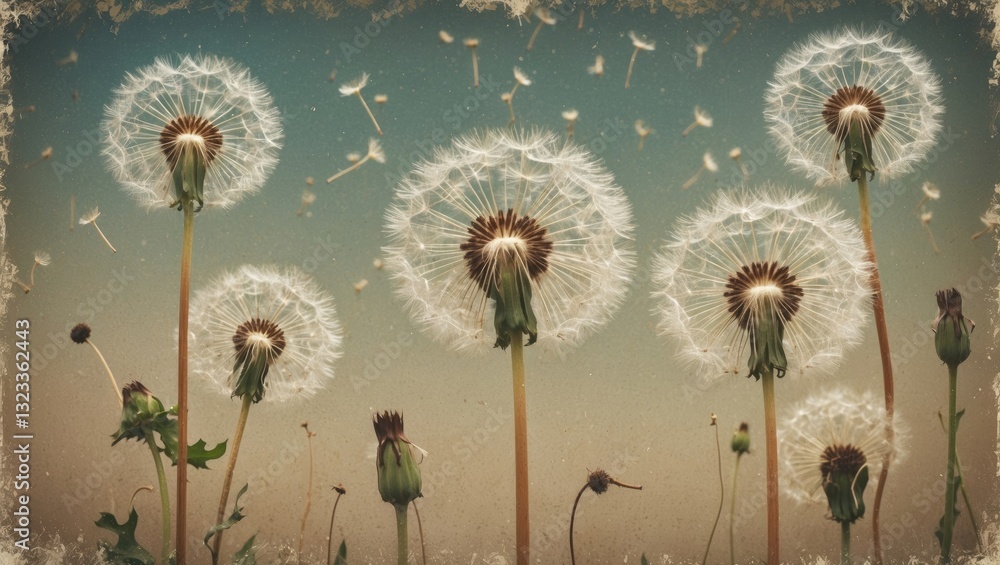 Aufkleber vintage dandelion flowers against a gradient blue to beige backdrop with soft white fluff, ideal for